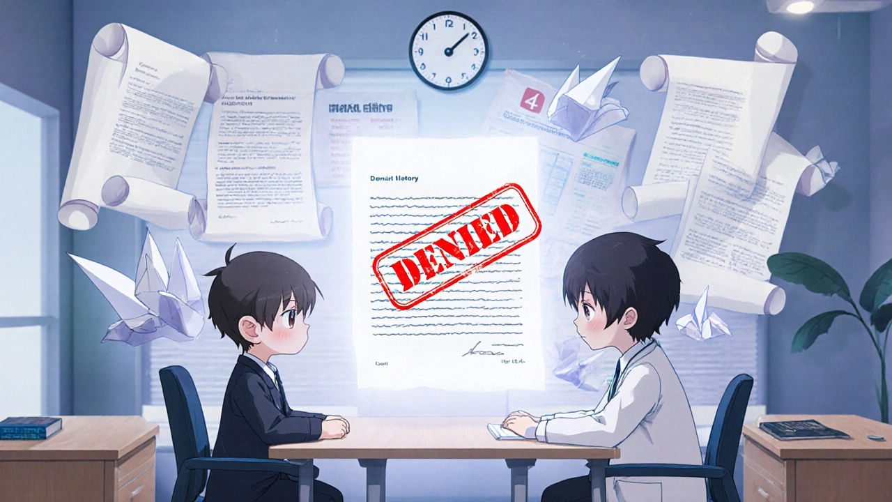 Chibi patient and doctor facing insurance bureaucrat with glowing medical letter floating between them