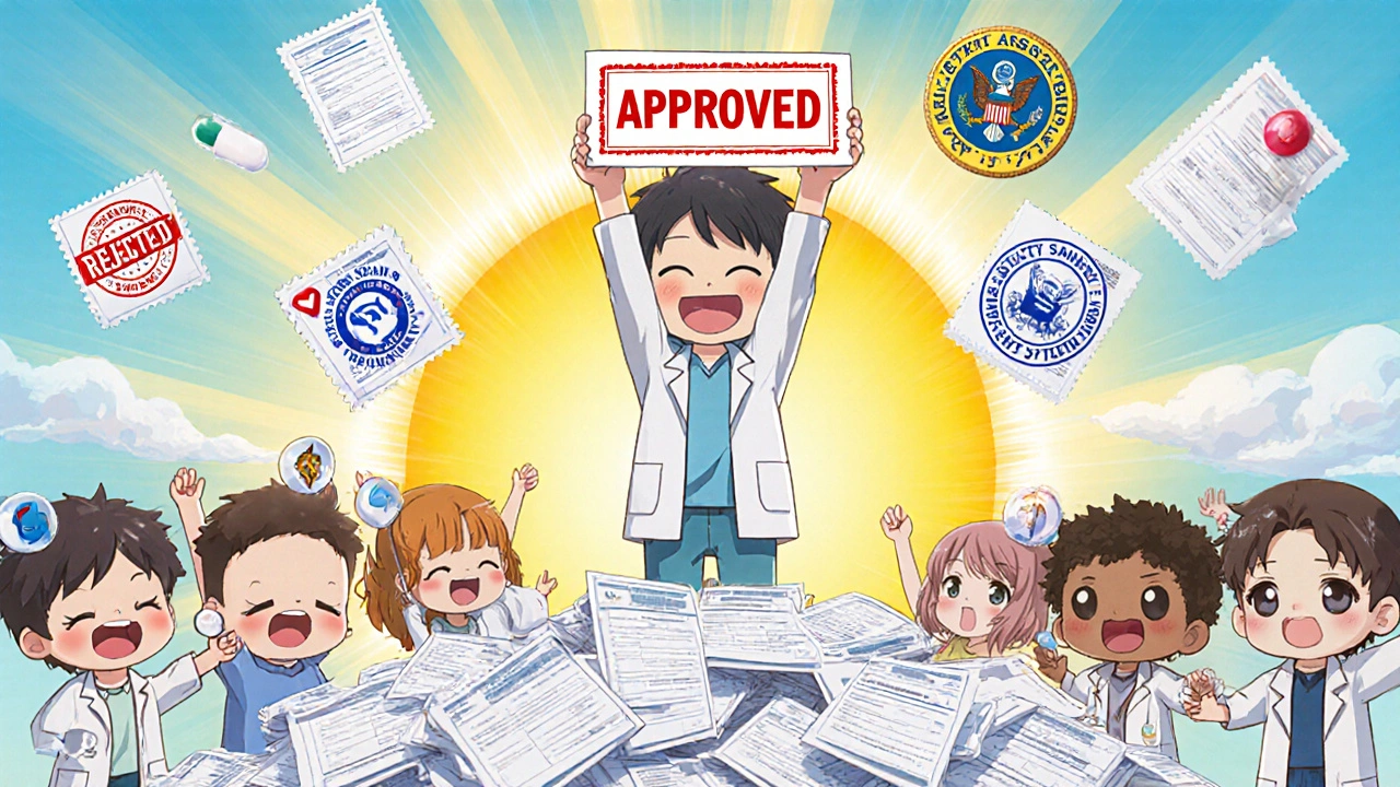 Chibi patient celebrating approval with free samples and assistance program icons in background