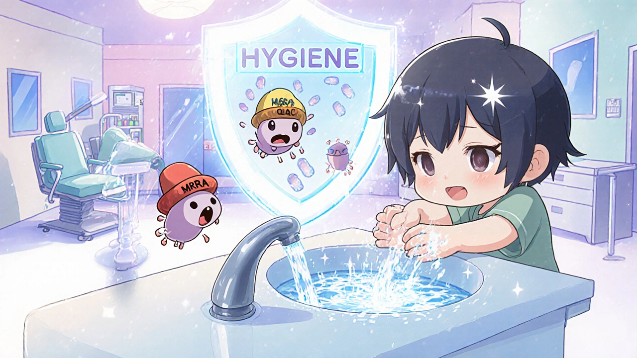 Child washing hands as bacteria panic and wash away down the drain.