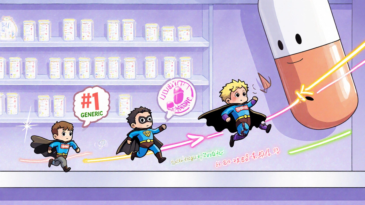 Cute generic drug packages racing on a pharmacy shelf, one with a cape, as branded pills look on in surprise.