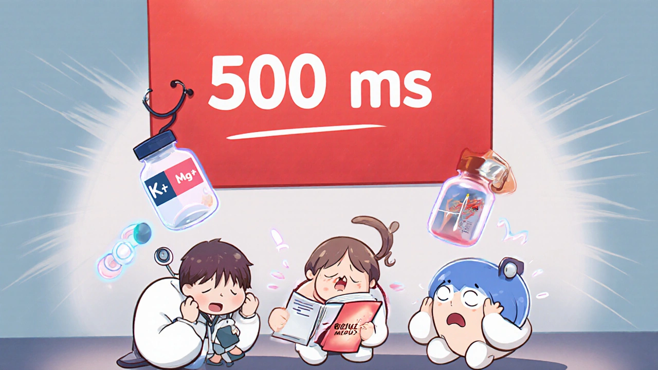 Cute medical icons panicking over a rising QTc warning sign