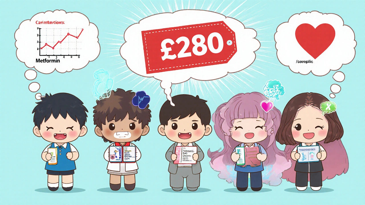 Diverse chibi people holding generic meds with happy thought bubbles showing health improvements.