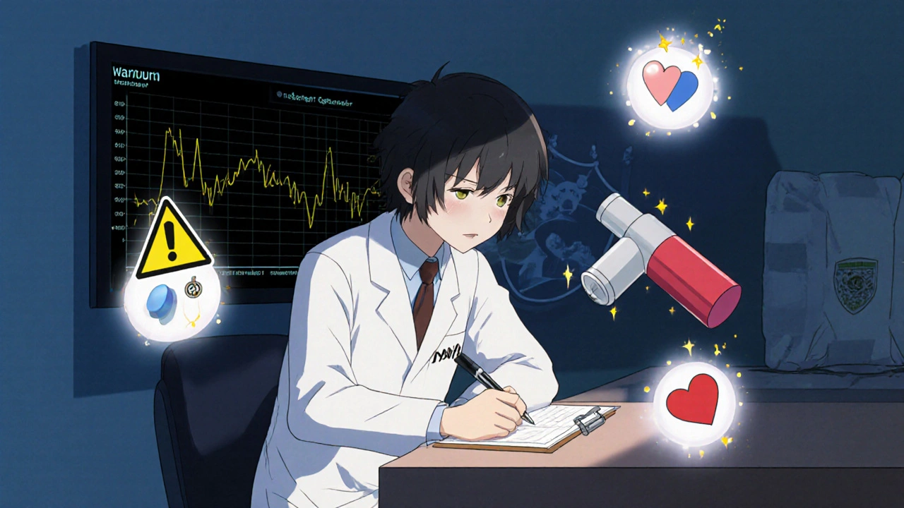 Doctor writing &#039;DAW 1&#039; on a prescription as dangerous drug icons glow with warning sparks.