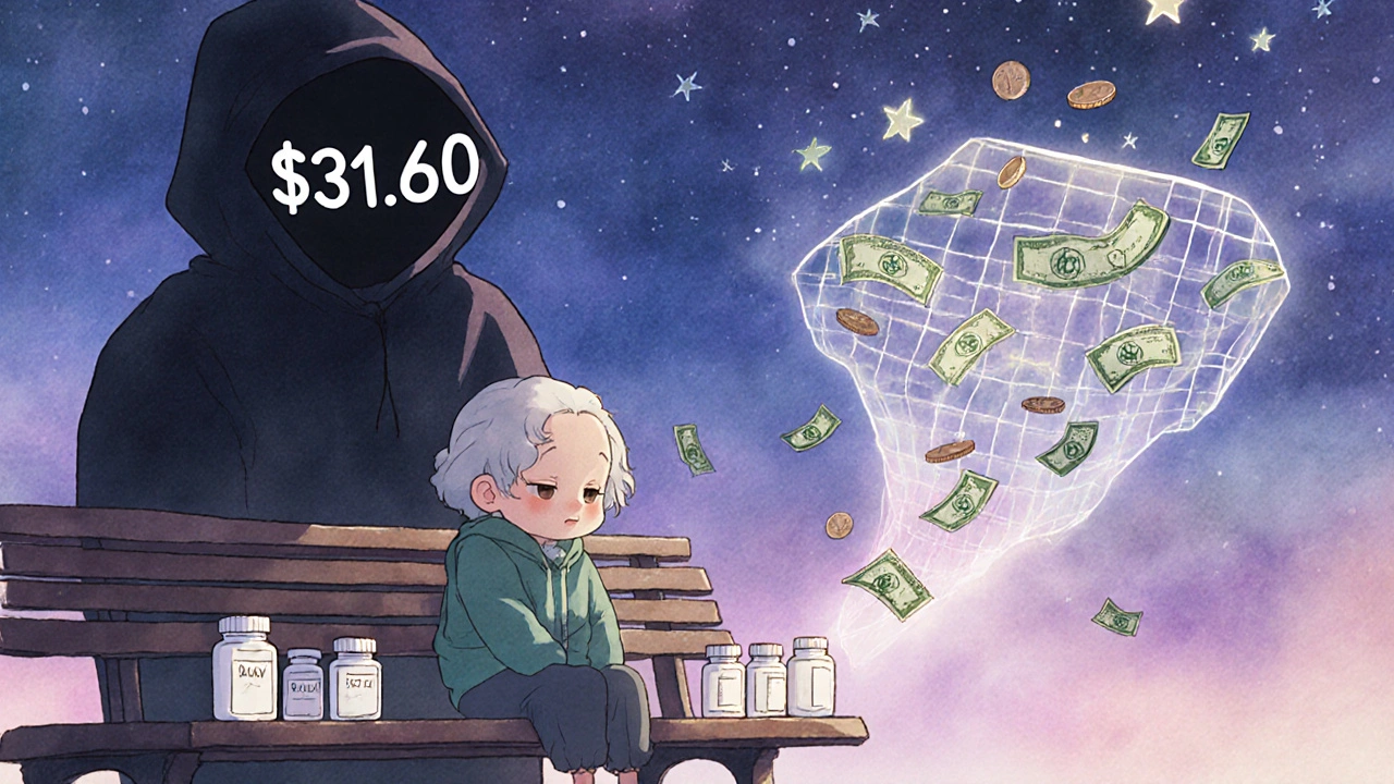 Elderly person surrounded by empty pill bottles as a safety net gently lowers, turning high costs into low payments.