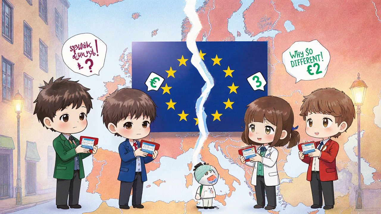 European pharmacists holding the same pill with wildly different price tags above their heads.