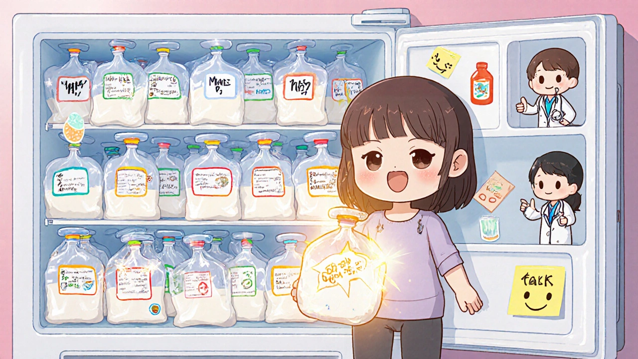 Freezer full of color-coded breast milk bags with glowing safe label and supportive figures