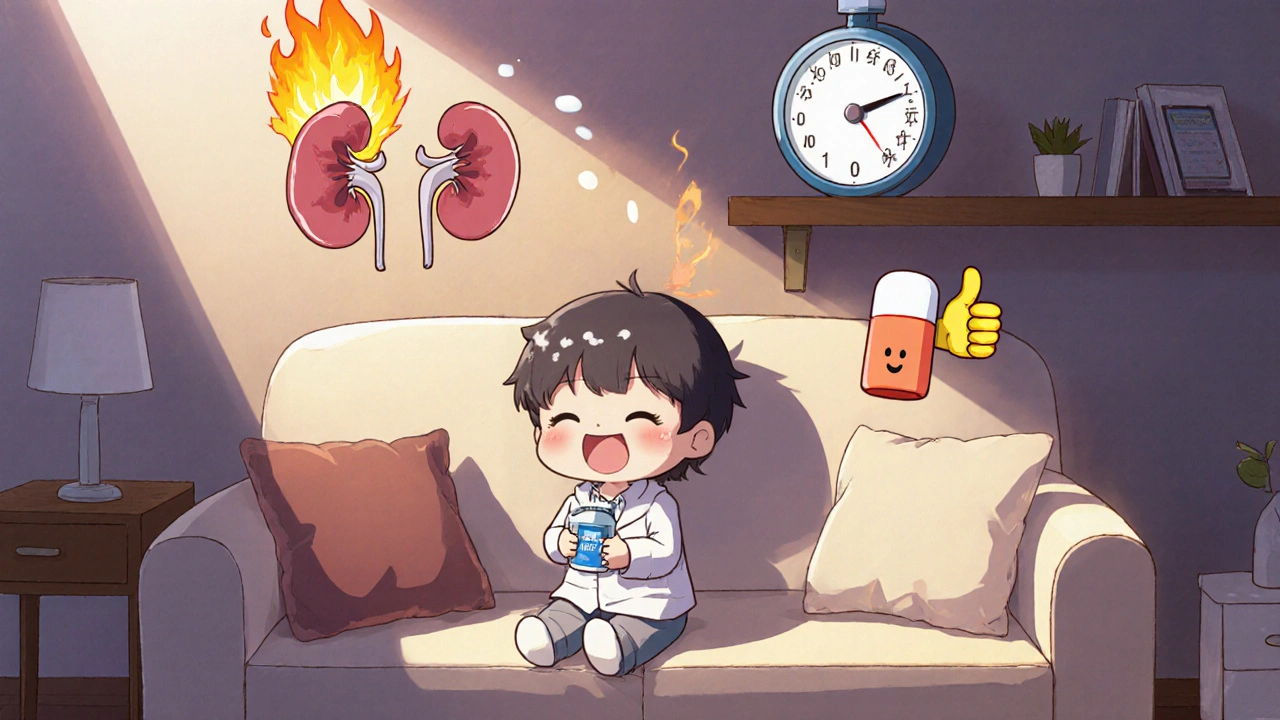 Happy patient holding dapagliflozin pill with floating icons of weight loss, lower blood pressure, and healthy kidney.