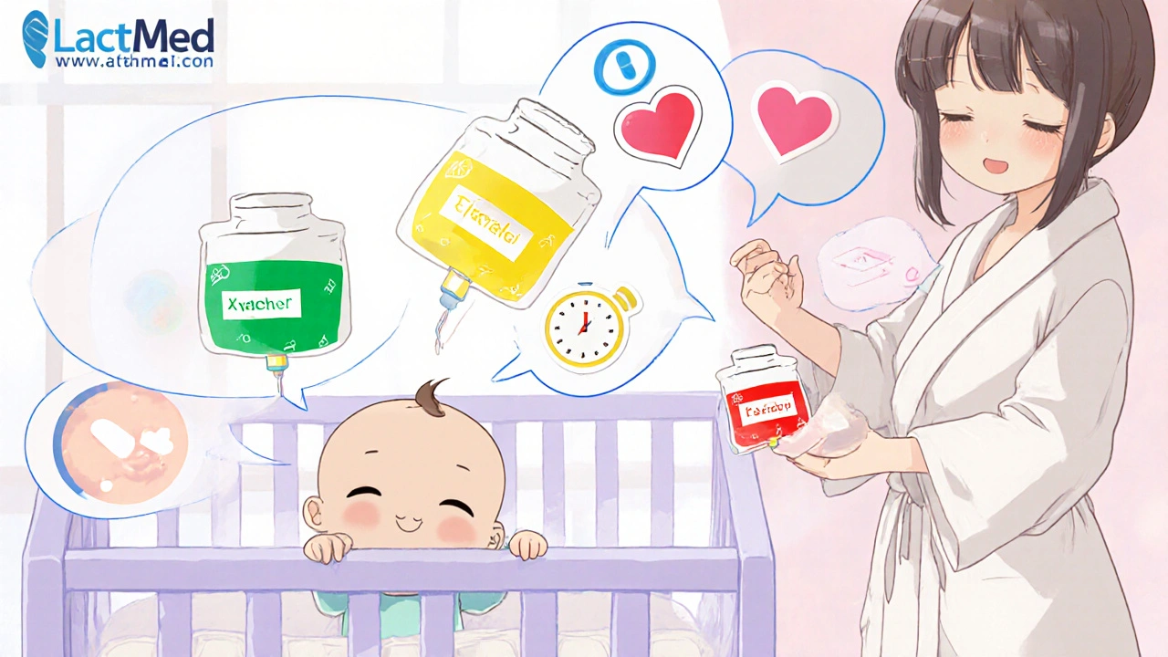 Mom holding labeled milk bags with color-coded safety icons beside a sleeping baby