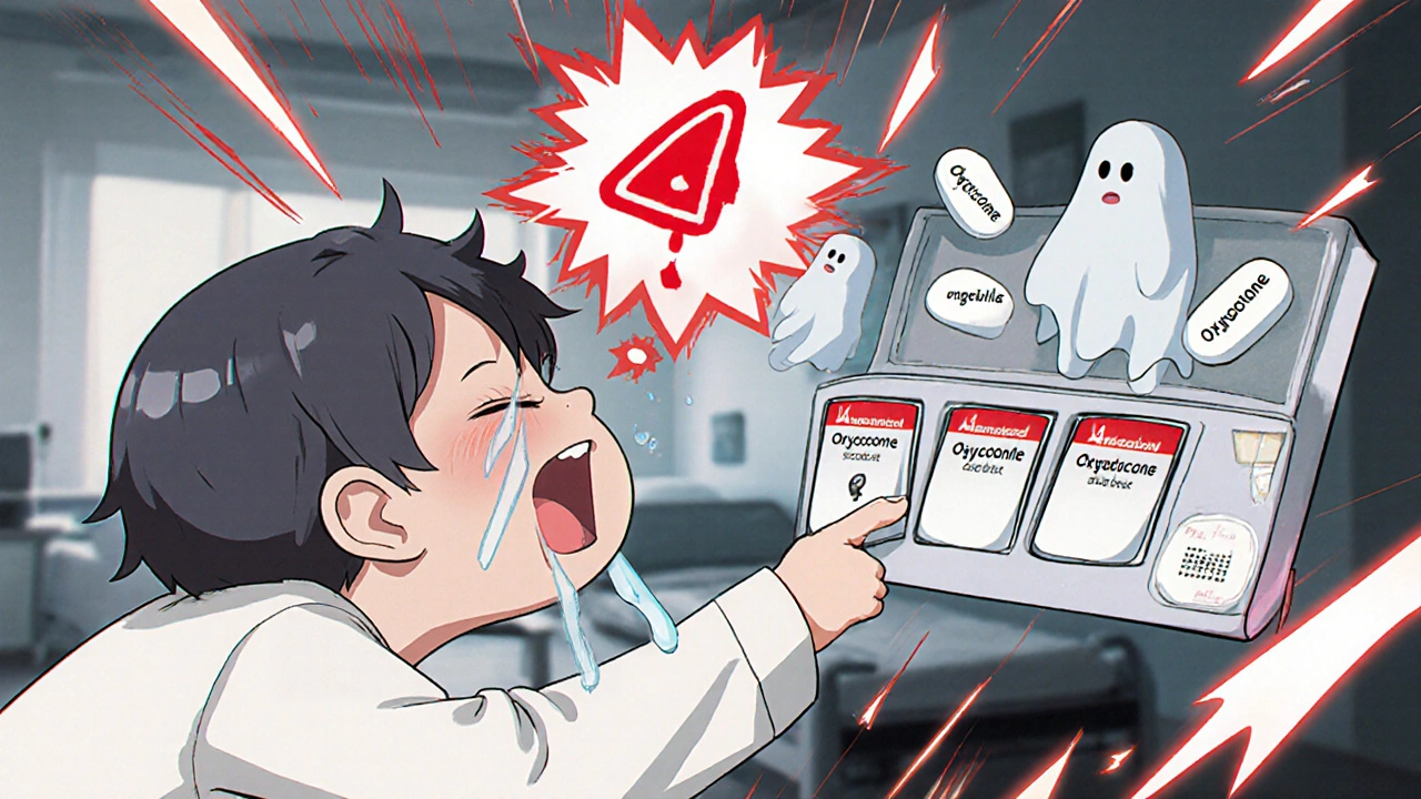 Panicked person grabbing a pill from a compartment, with ghost pills and warning signs.