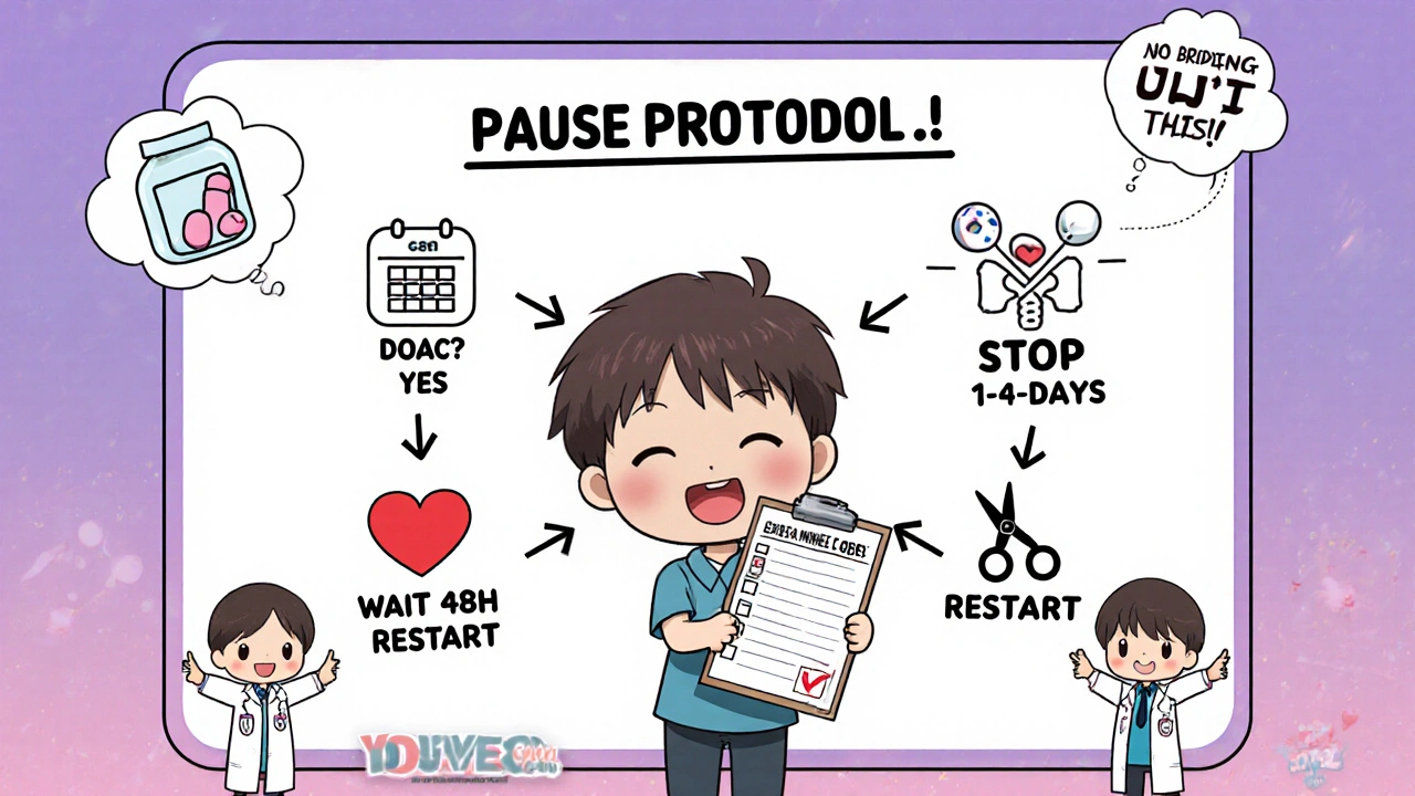 Patient holding checklist beside animated PAUSE protocol flowchart