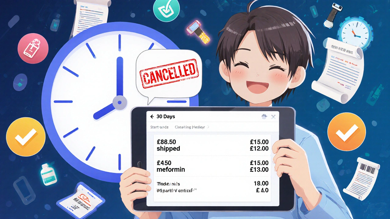 Patient views split invoice on tablet with delivery countdown and cancellation alert.
