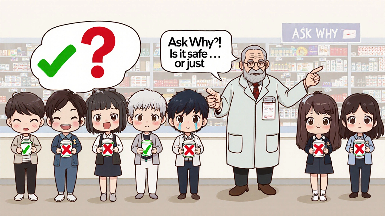 Patients in line at pharmacy with some holding brand drugs marked by red X&#039;s and others with green checks.