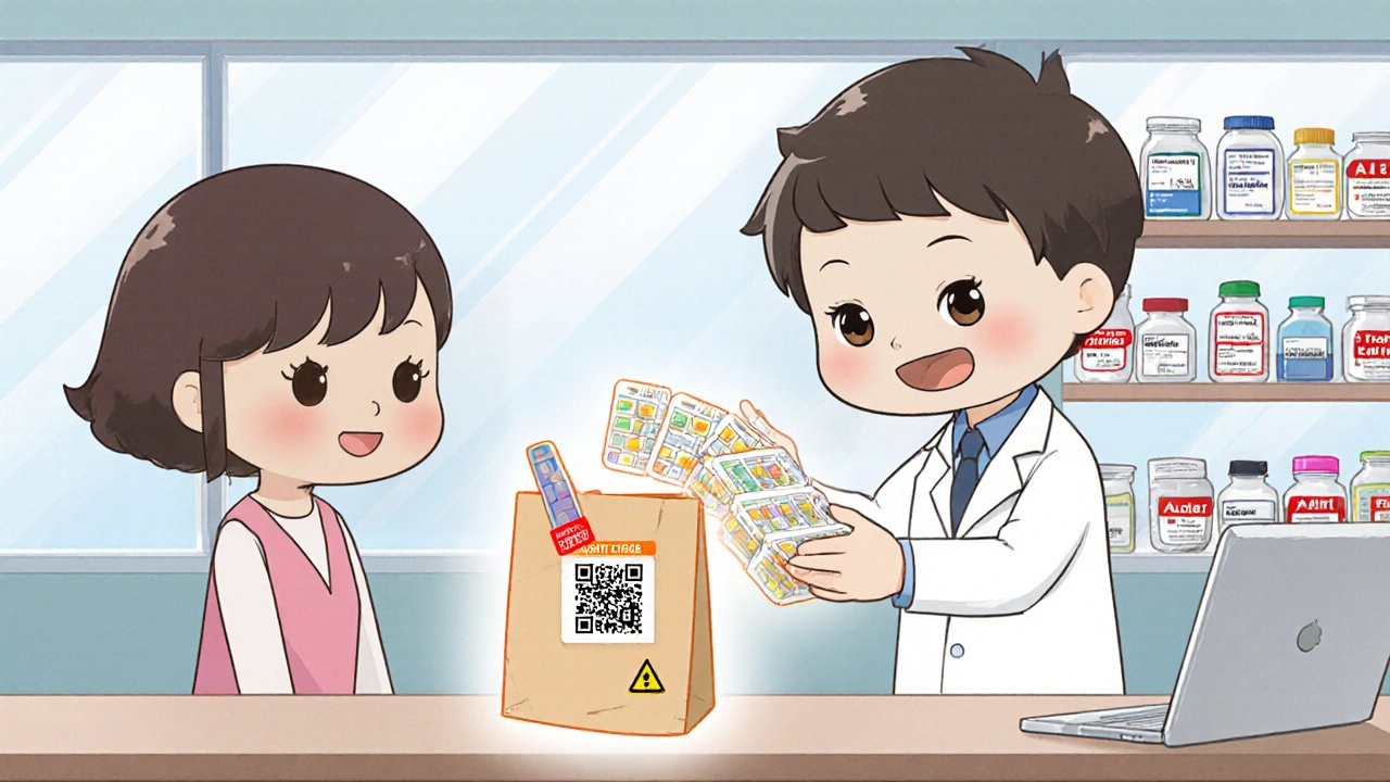 Pharmacist handing a filled pill organizer to a customer with smart device nearby.