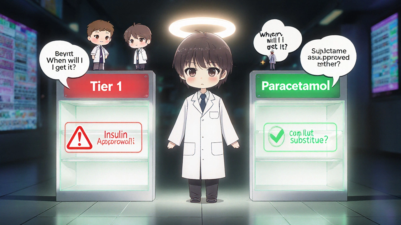 Pharmacist stands between two glowing medicine tiers labeled by risk level.