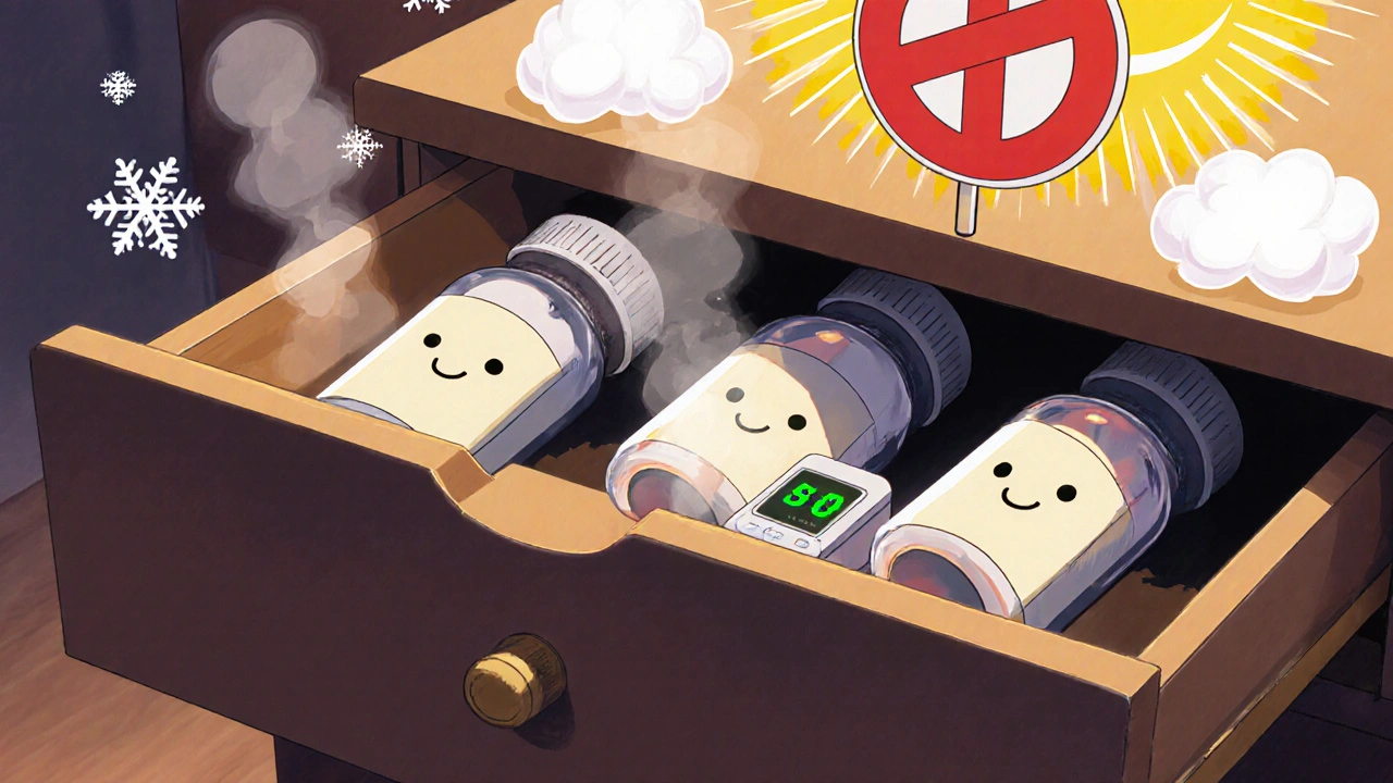 Pill bottles rest peacefully in a dark, dry drawer with a monitoring device.