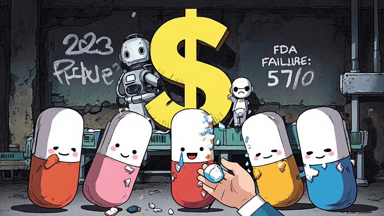 Smiling but crumbling generic pills as a dollar sign crushes modern quality tech.