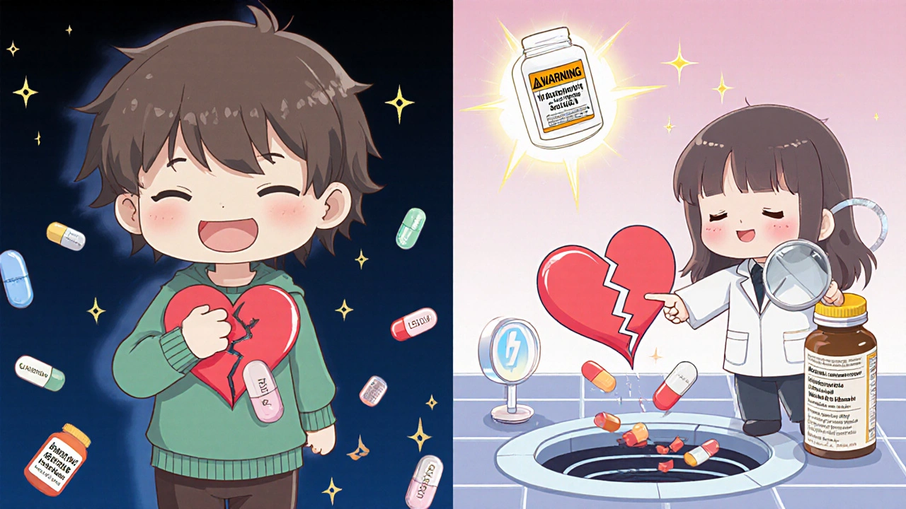 Split scene: happy patient with PPI vs. broken meds and pharmacist warning of interaction.