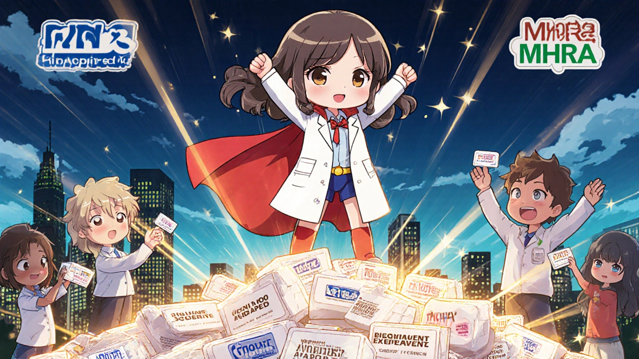 Superheroine in lab coat standing on brand-name drug boxes, celebrating affordable generics with cheering crowd.