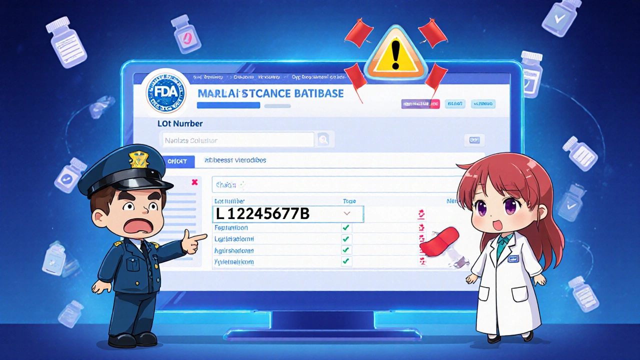 Tiny FDA agent guiding a pharmacist to search a recall database using an exact lot number.