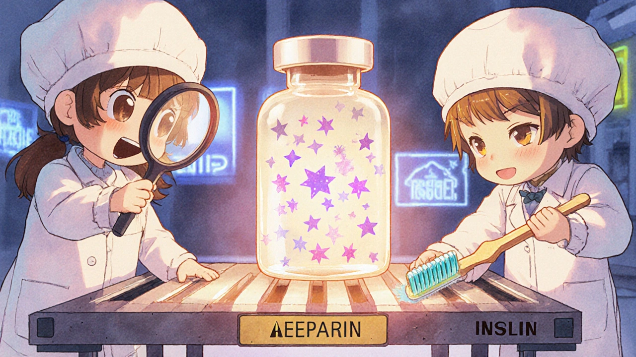 Tiny inspector examining contaminated injectable vial as workers scrub shared production line.