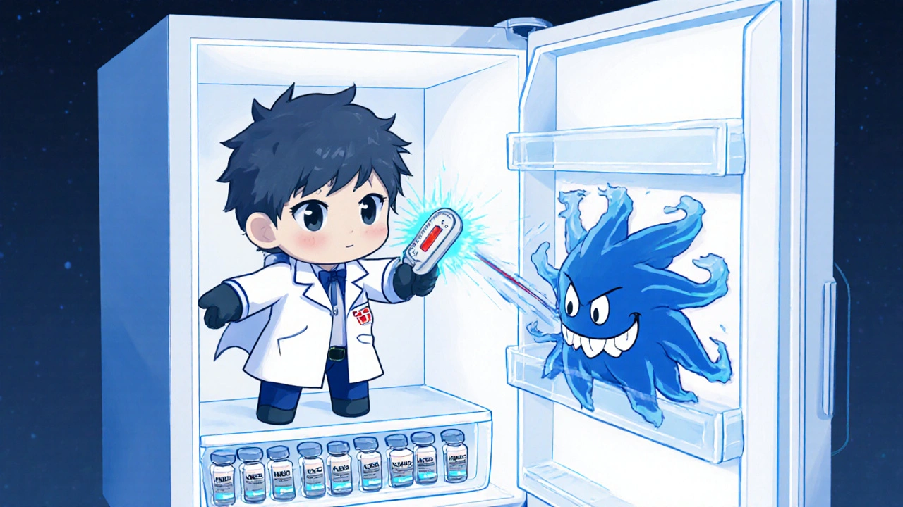 Tiny superhero ensures insulin is safely stored in the center of a fridge.