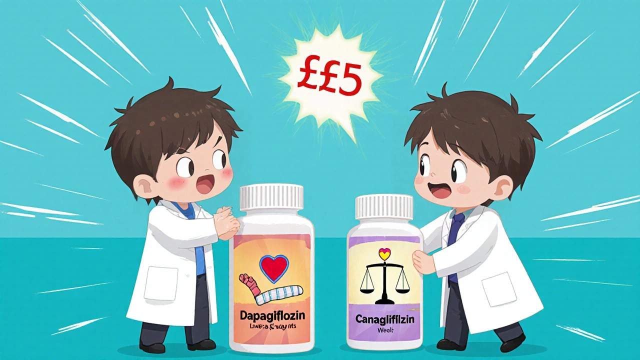 Two chibi doctors comparing dapagliflozin and canagliflozin pills, one with safety symbols and the other with warning signs.