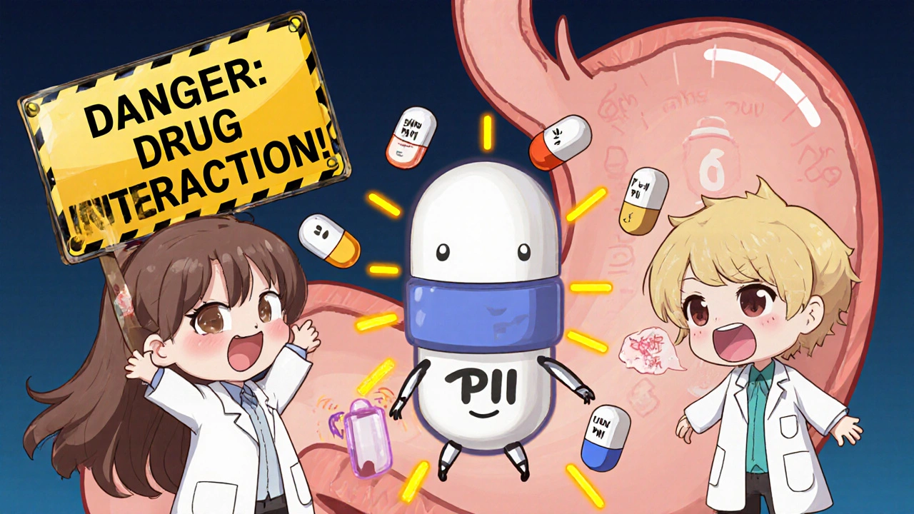 Two pharmacists warn about dangerous drug interactions with floating pills and pH meter.