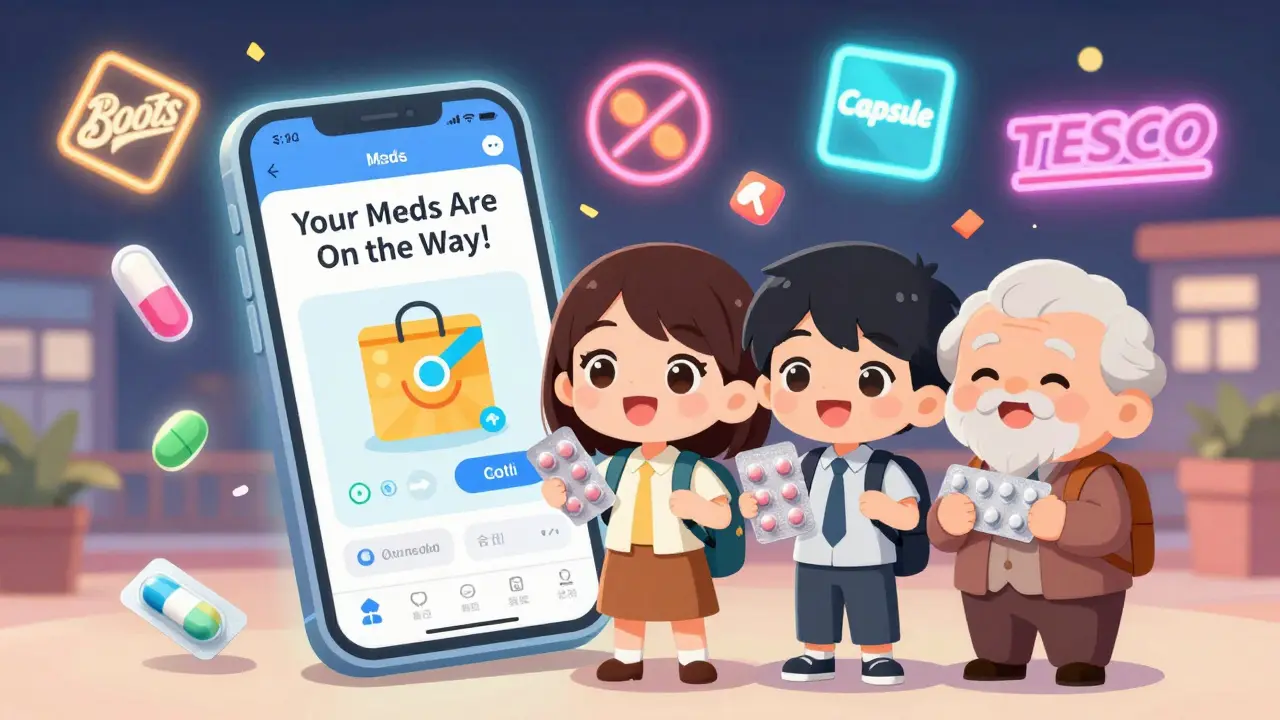Chibi characters holding generic pill packs with glowing pharmacy app notifications.