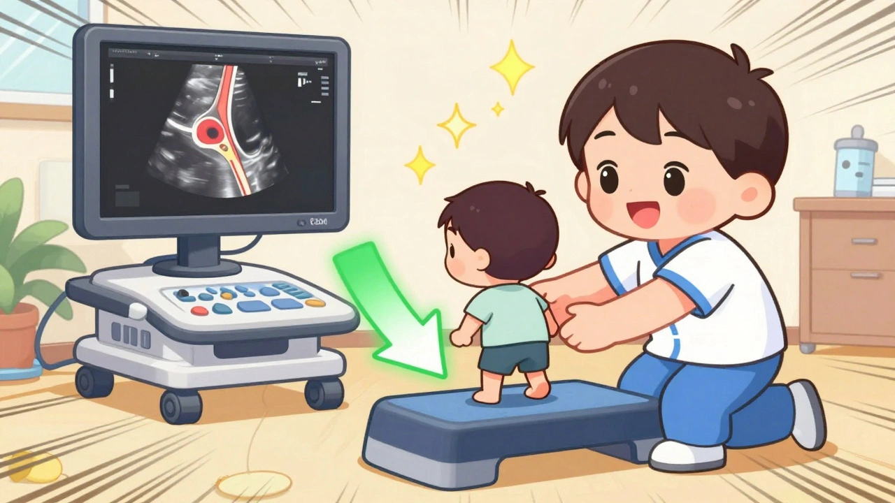 Chibi patient doing heel drops with therapist, ultrasound showing tendon healing in background.