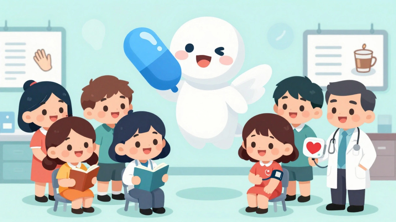 Chibi patients in a doctor’s office smiling as a friendly pill hovers above them.