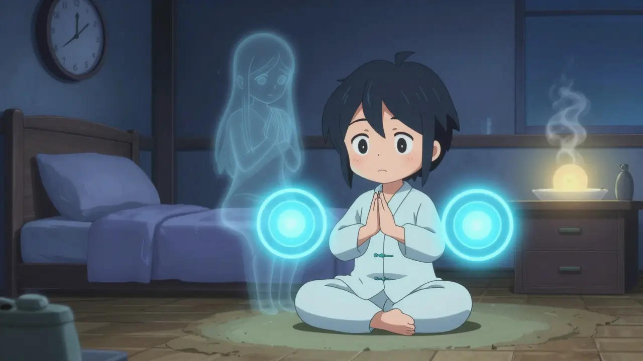 Chibi person practicing tai chi at night with calming blue energy and warm bath nearby.