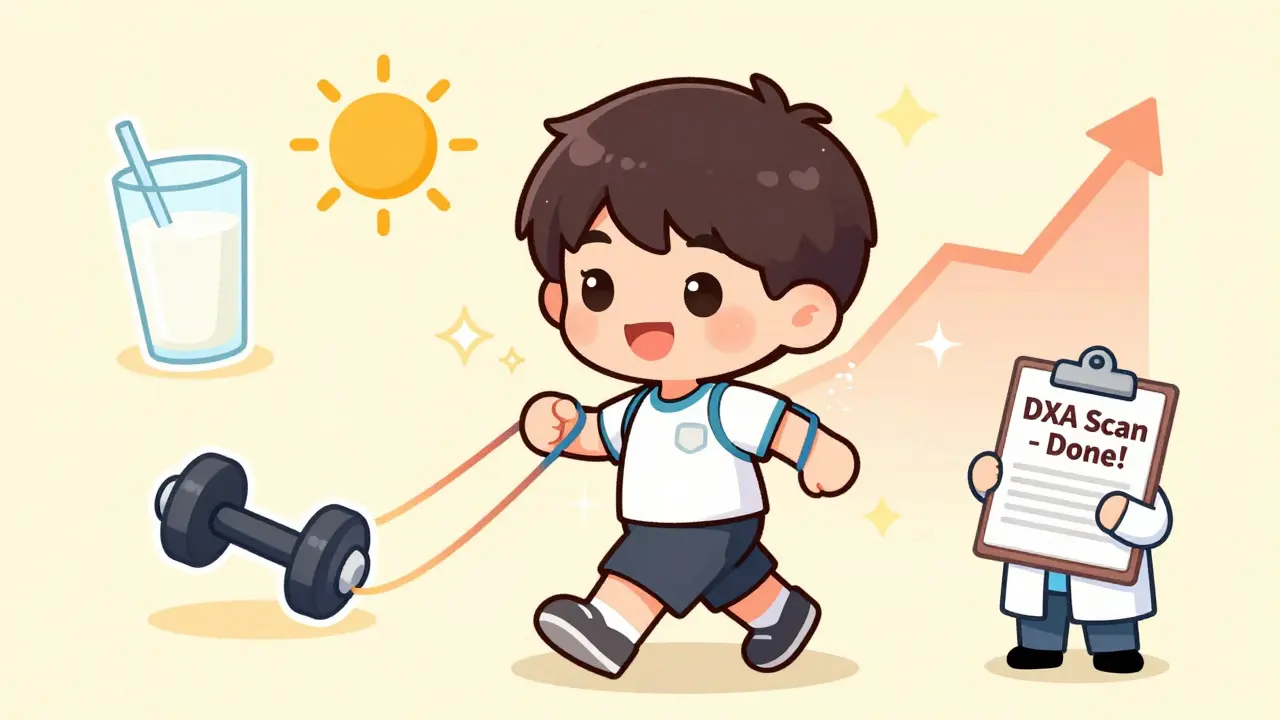 Chibi person walking with resistance band, surrounded by calcium, vitamin D, and exercise icons.