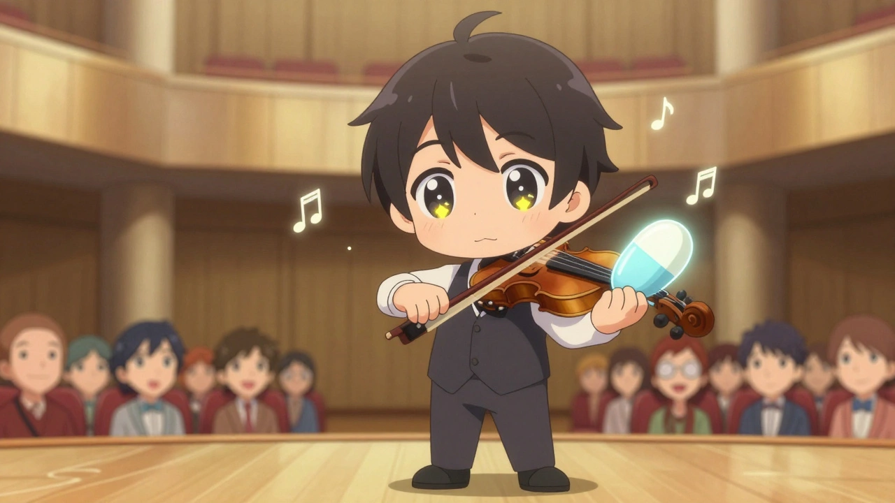 Chibi violinist playing with steady hands, musical notes floating around her.