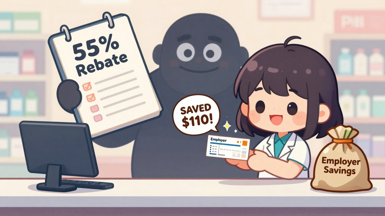 Chibi worker receiving generic prescription with savings bubble, PBM giant in background holding ledger.
