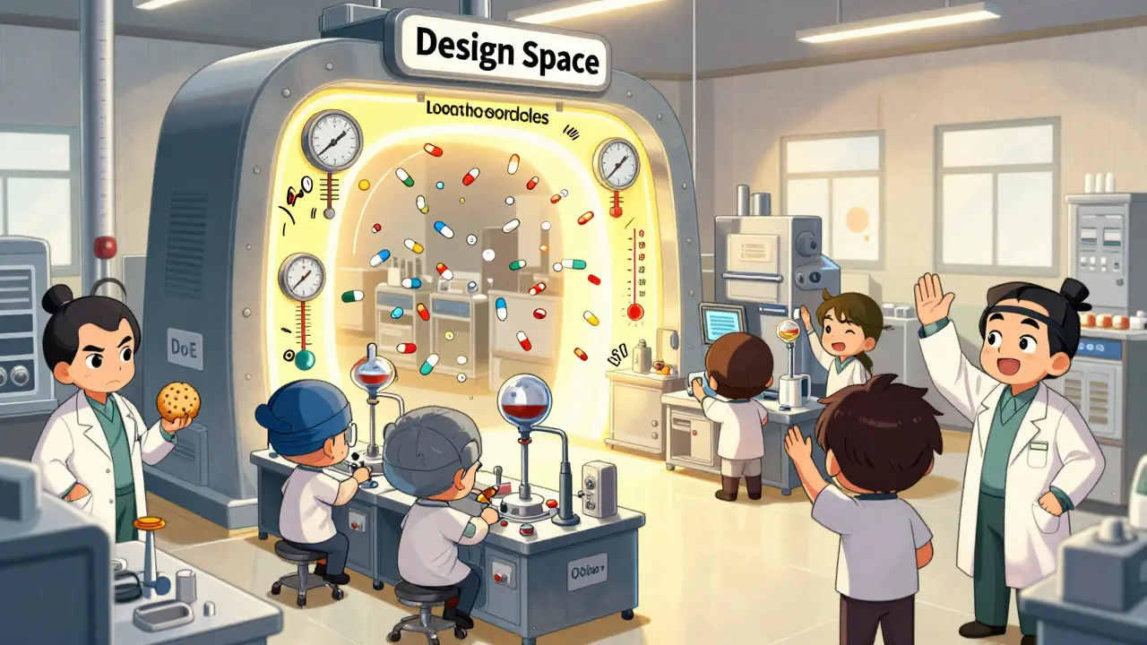Chibi workers in a factory with a glowing design space portal and tablets passing safely through changing conditions.