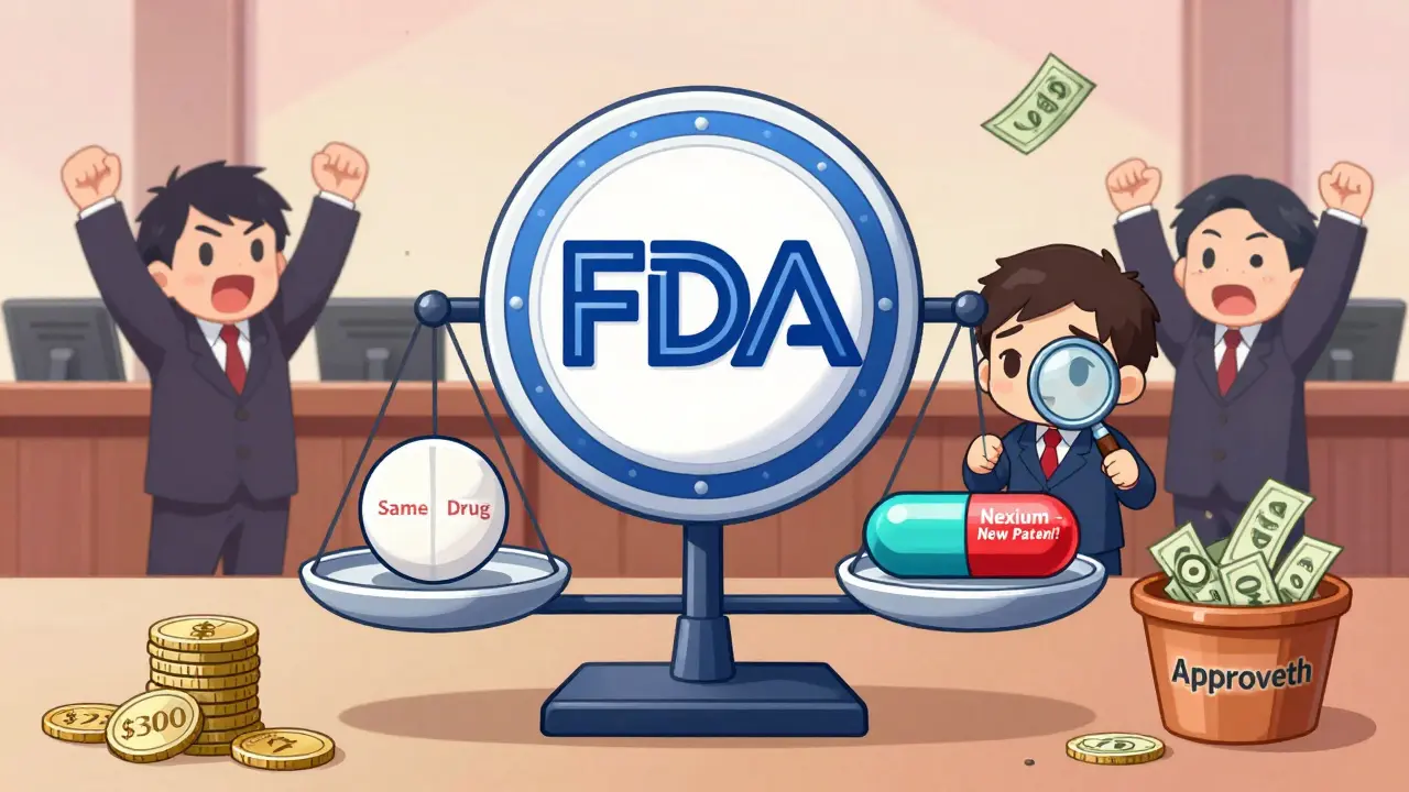 Courtroom scale weighing a simple pill against a flashy new capsule with lawyers cheering.