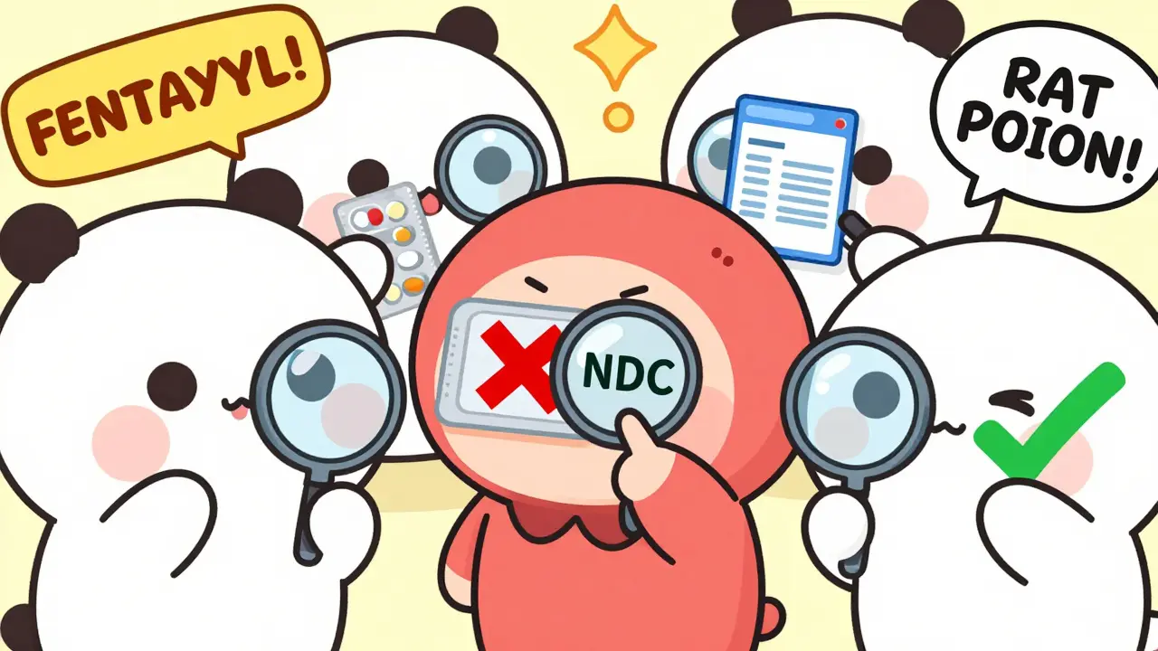 Cute characters inspecting medicine packaging with magnifying glasses, one spotting a fake NDC.