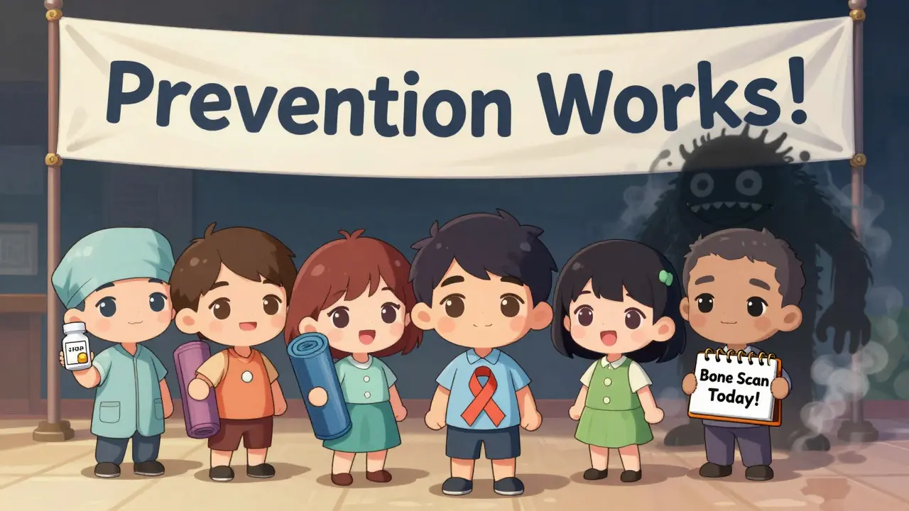 Diverse chibi patients celebrating prevention tools as osteoporosis monster fades away.