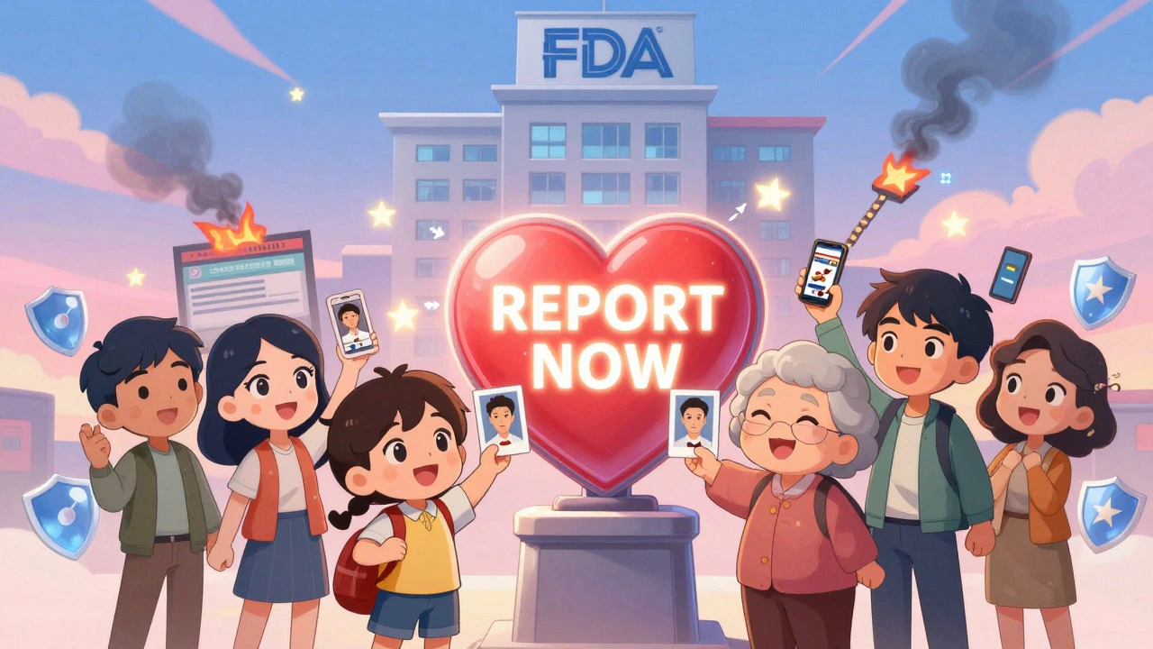 Diverse group holding photos of fake pills toward a glowing heart-shaped REPORT NOW button.