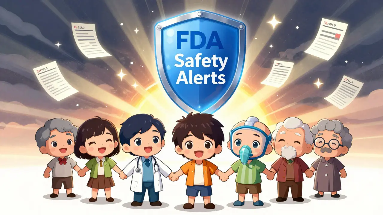 Diverse group of people holding hands under a shield labeled 'FDA Safety Alerts' with dissolving recall notices.