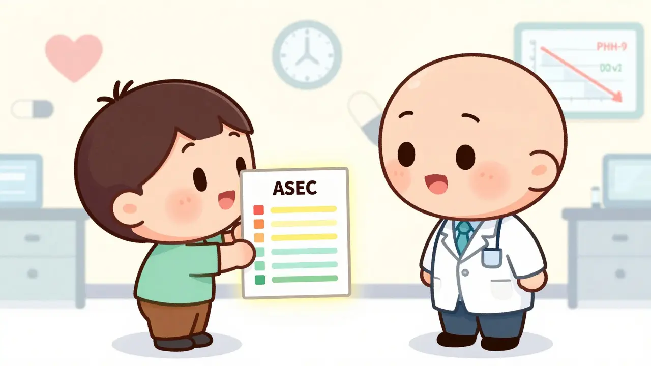 Doctor and patient reviewing a colorful side effect checklist in a clinic.