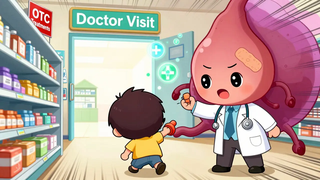 Doctor guiding patient from drugstore to medical treatment portal with rubber band ligation symbol