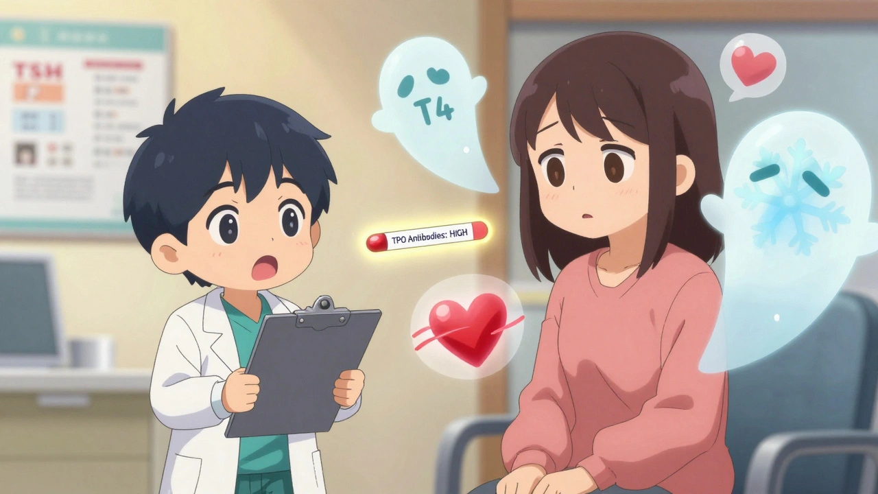 Doctor holding blood test with floating TPO antibody result beside a worried new mom.