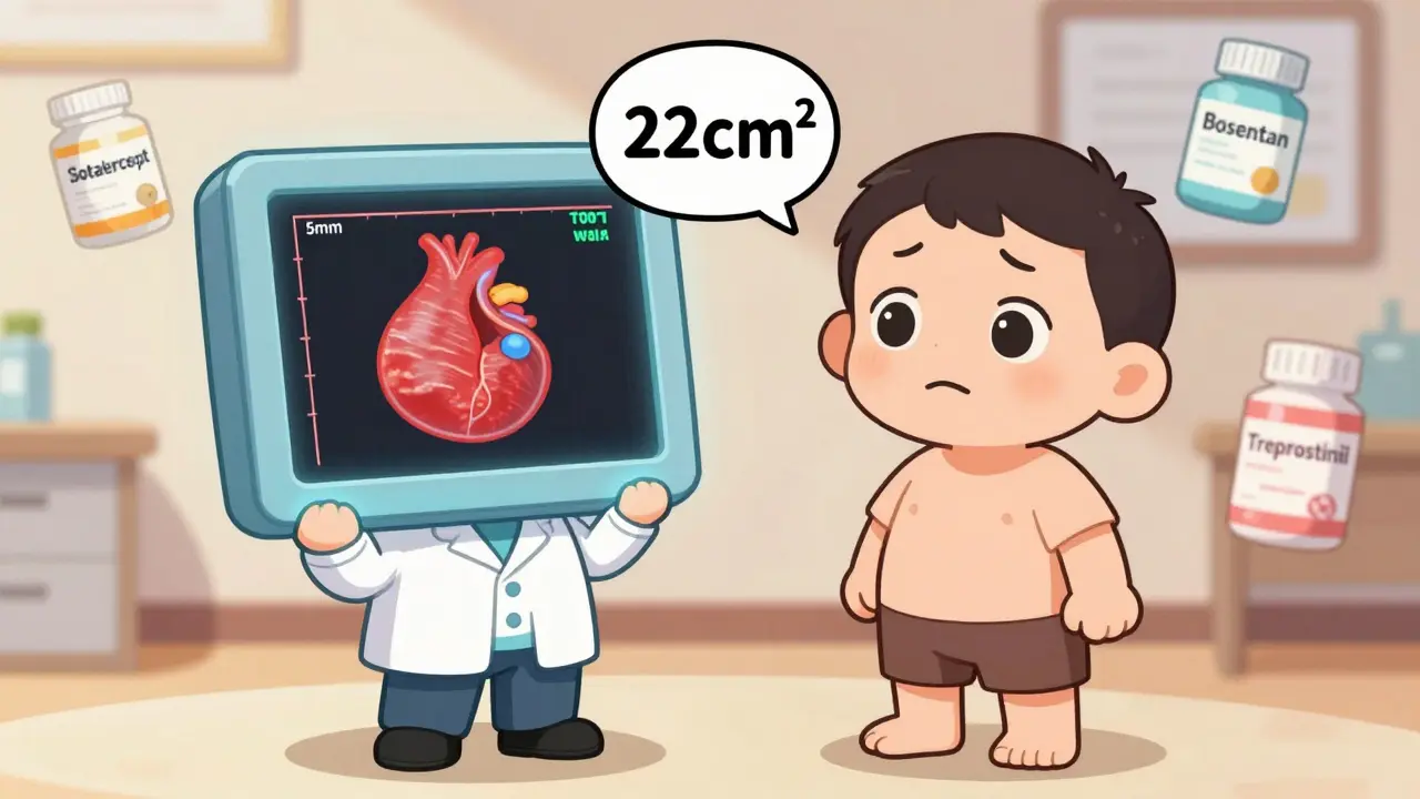 Doctor showing swollen right ventricle on echo screen with floating medication icons