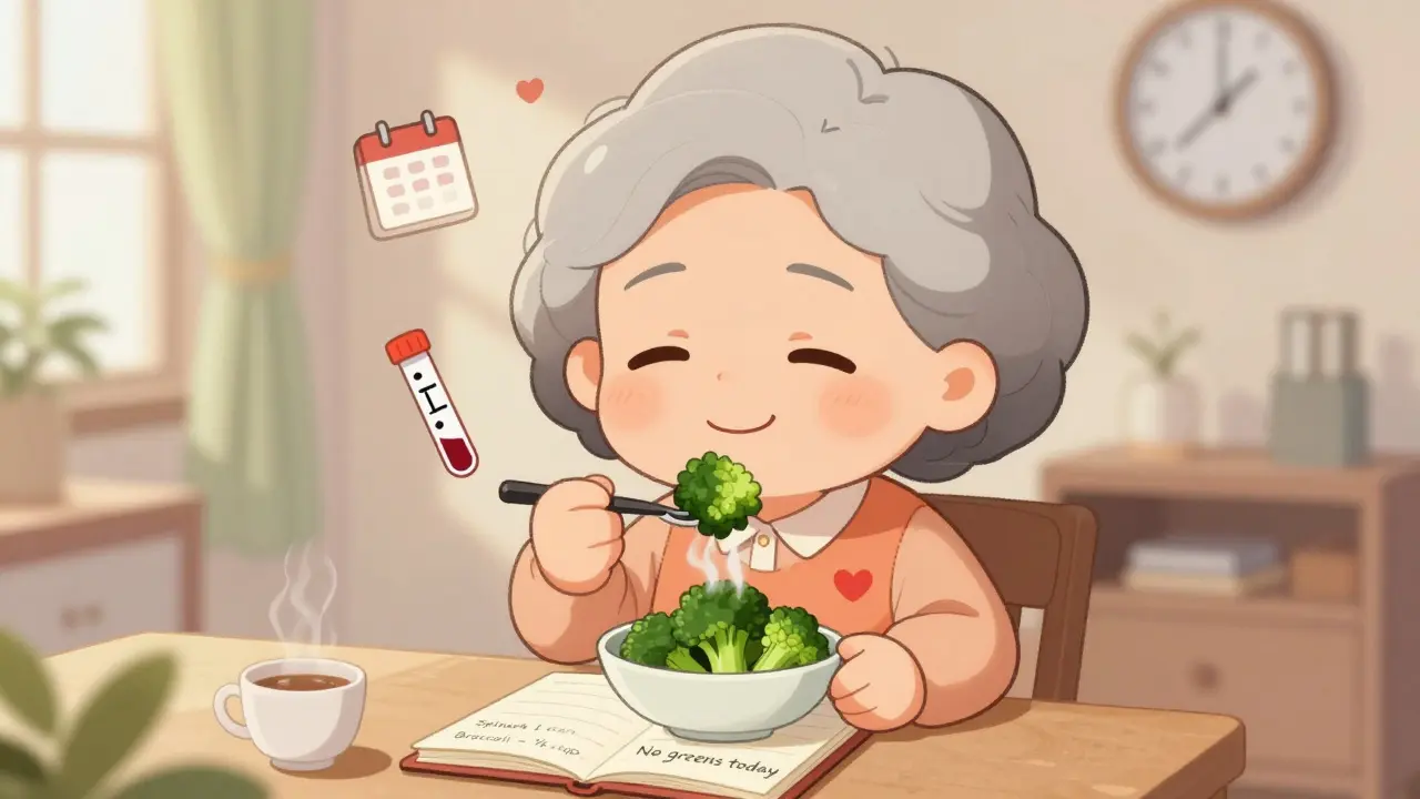 Elderly chibi woman logging consistent vitamin K intake daily