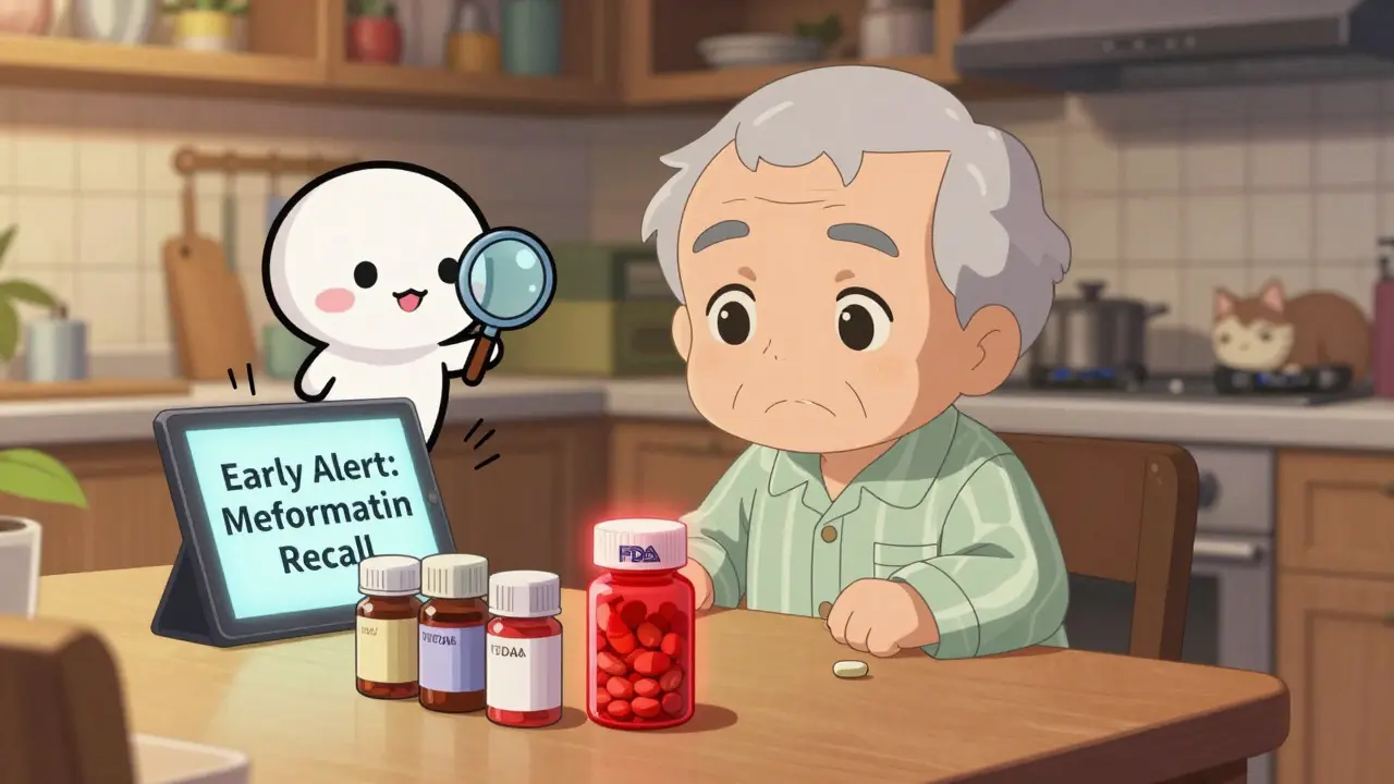Elderly person at kitchen table with glowing pill bottle and FDA alert notification floating nearby.