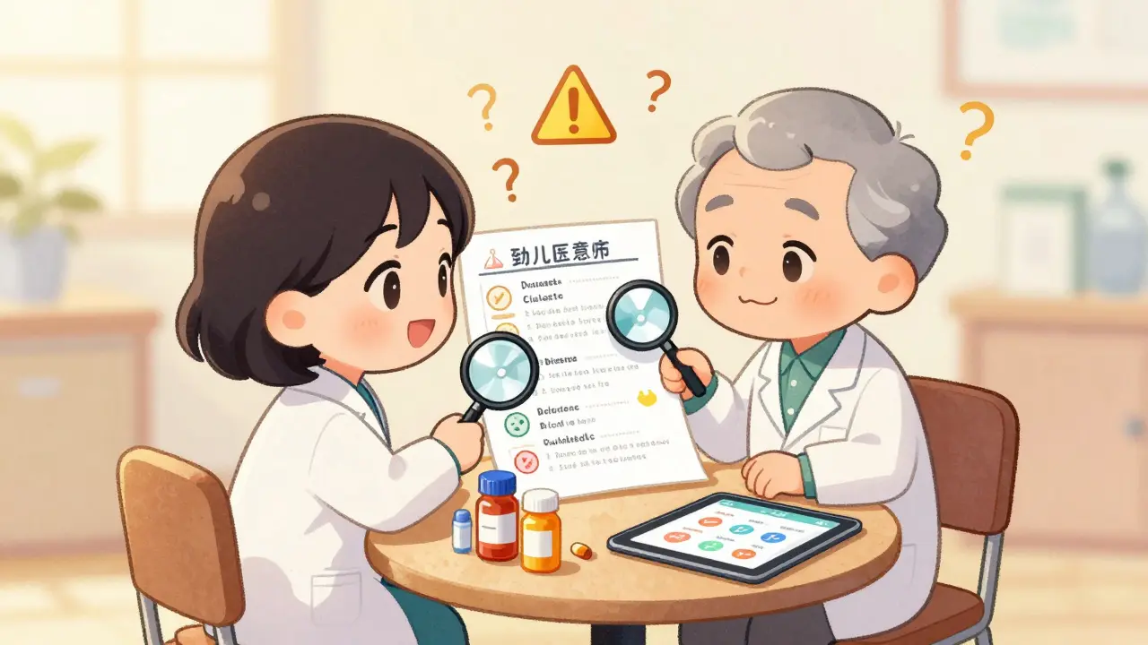 Friendly pharmacist and patient reviewing a medication list with magnifying glasses.