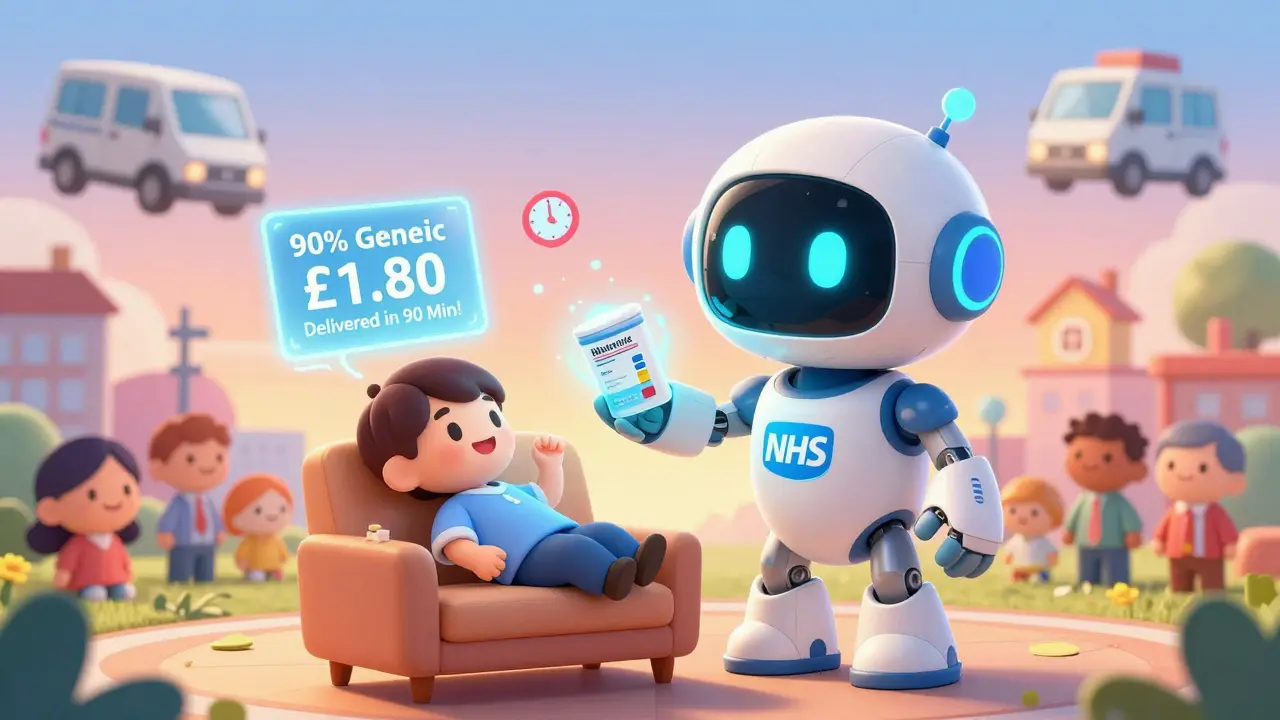 Friendly robot delivers pills to a couch-bound patient with holographic delivery stats.