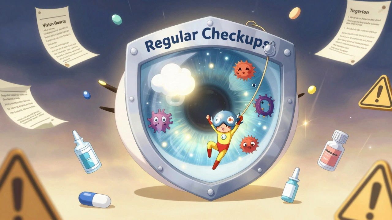 Glowing eye protected by checkup shield fighting eye diseases