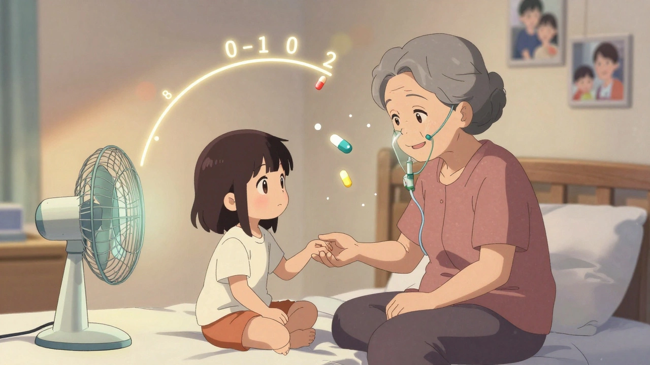 Granddaughter holds grandmother&#039;s hand, pain scale dropping from 8 to 2, fan and pills nearby.